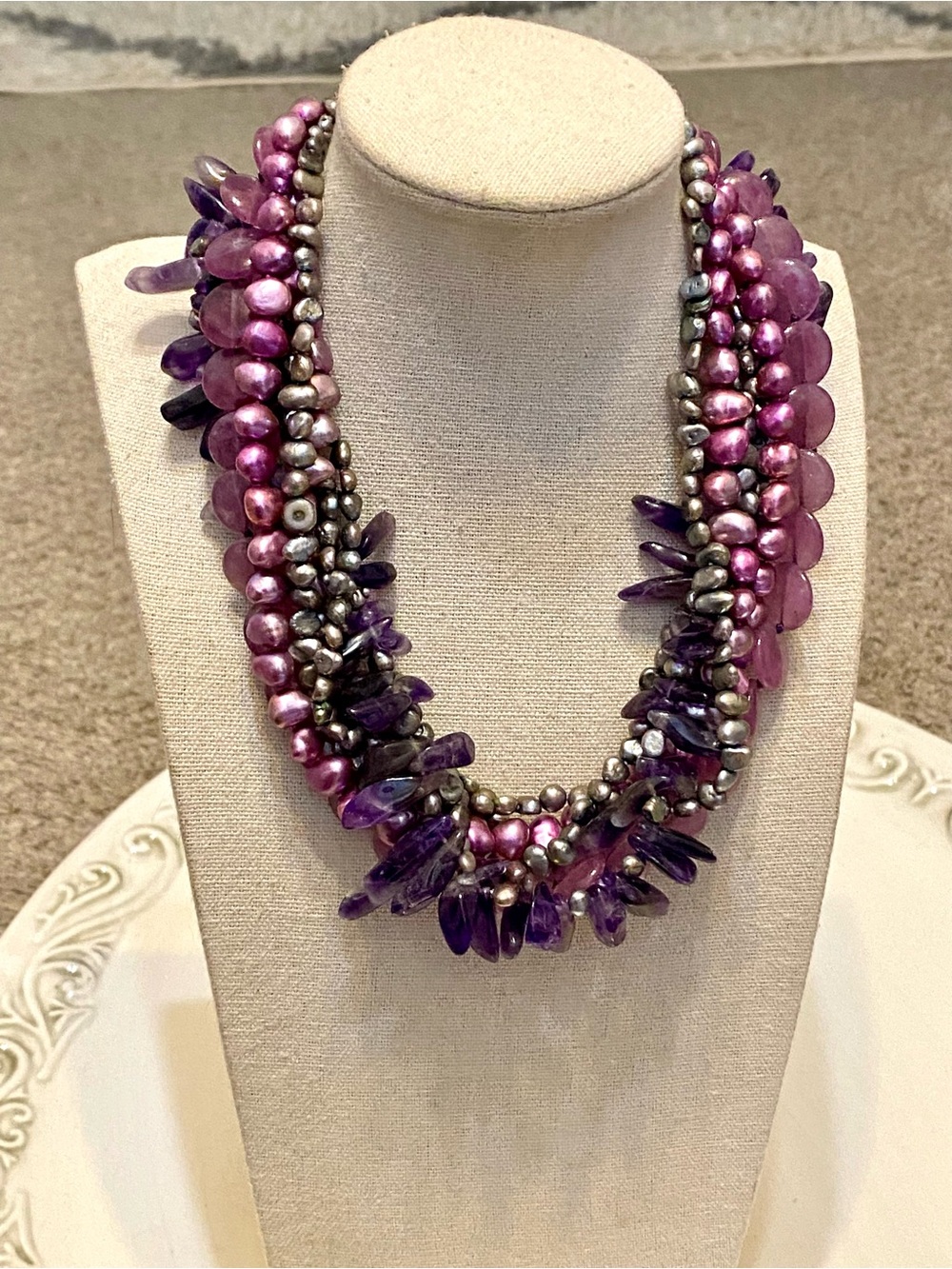 Cultured Pearls & Amethyst Multi Strand Purple Pink Statement Necklace 925
